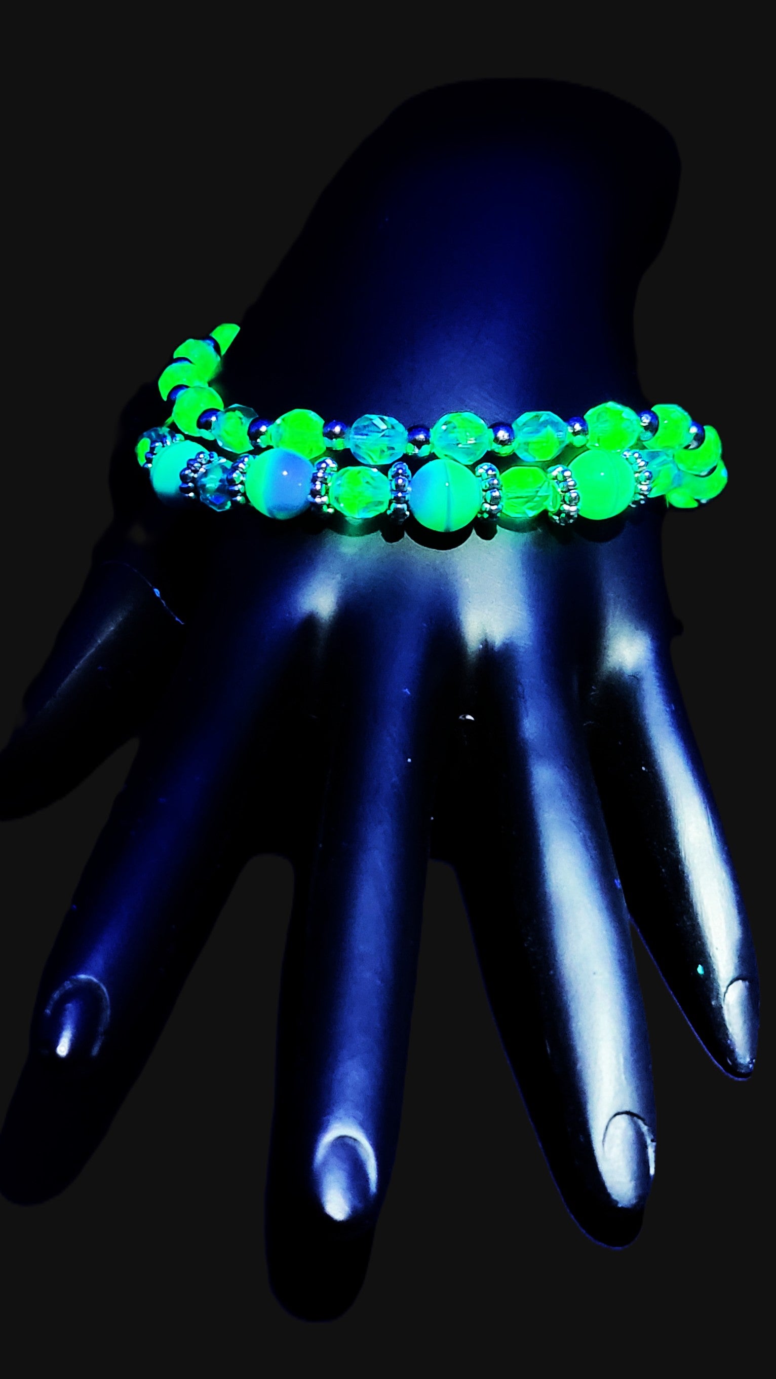 Uranium blue glass beads pair, 8" bracelet set, stretch cord, Unisex, Handmade