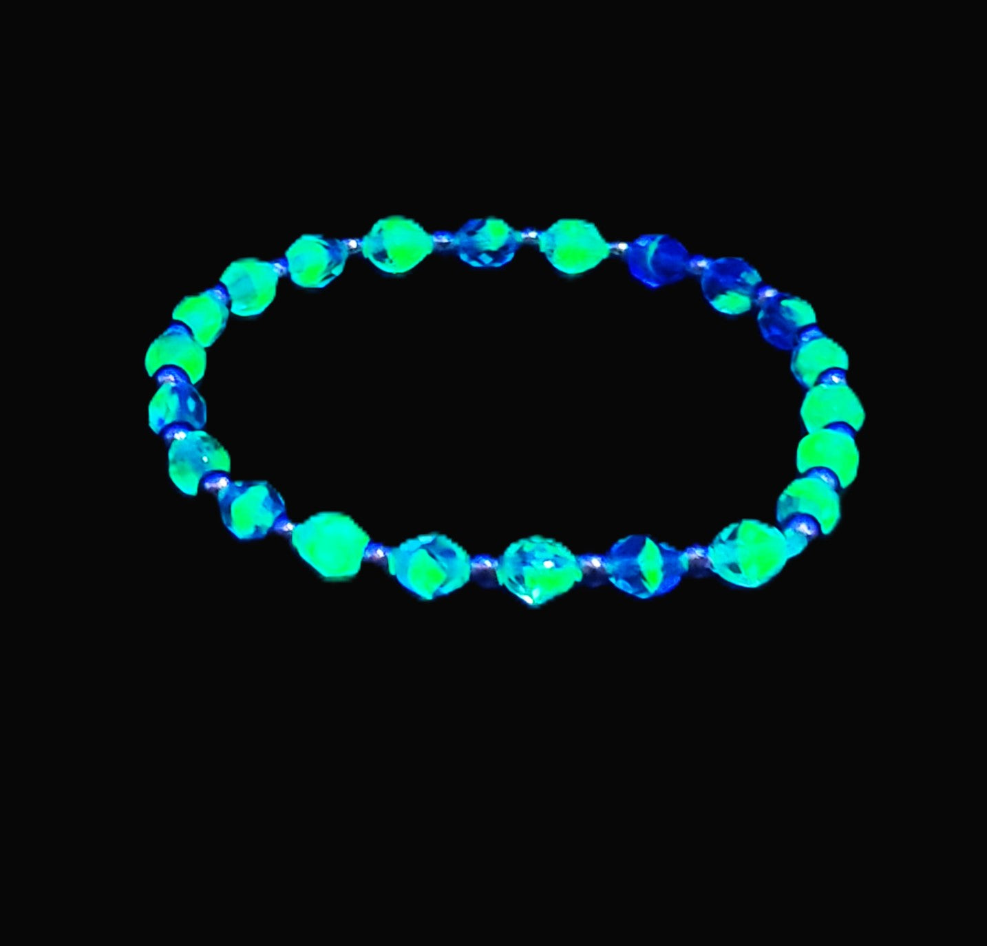 Uranium blue glass beads pair, 8" bracelet set, stretch cord, Unisex, Handmade