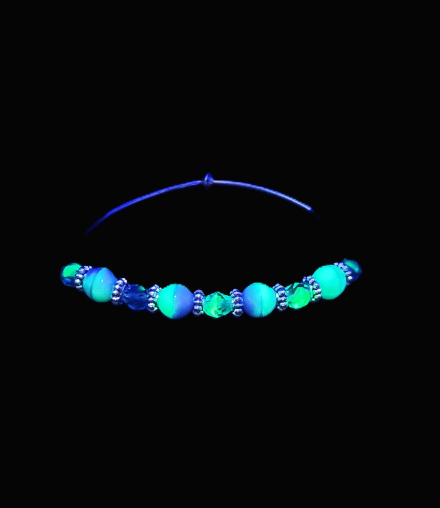 Uranium blue glass beads pair, 8" bracelet set, stretch cord, Unisex, Handmade