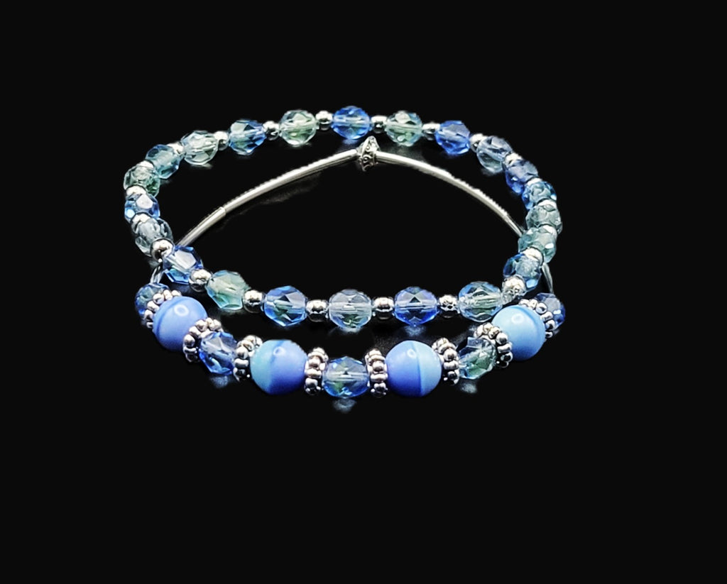 Uranium blue glass beads pair, 8" bracelet set, stretch cord, Unisex, Handmade