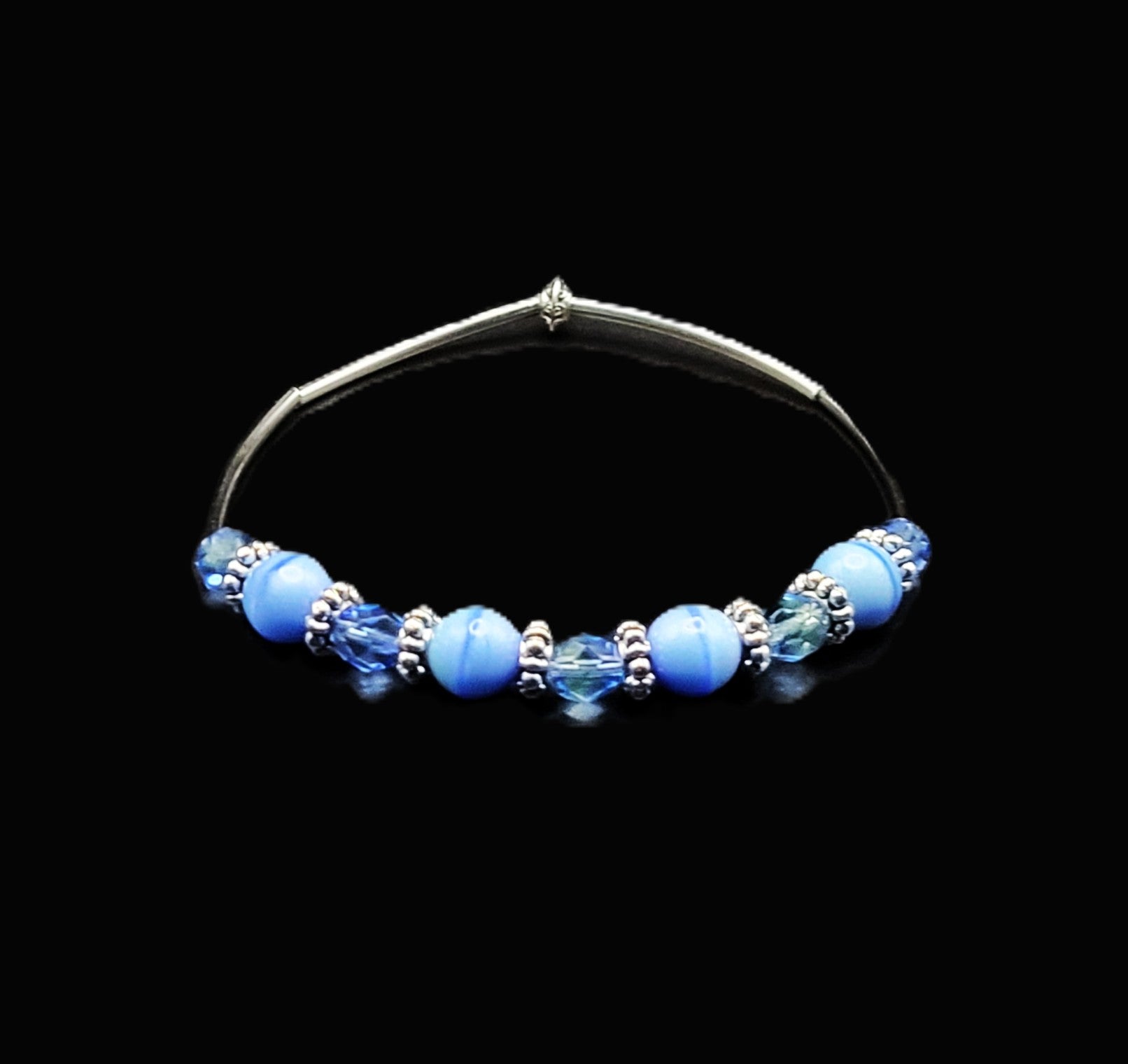 Uranium blue glass beads pair, 8" bracelet set, stretch cord, Unisex, Handmade