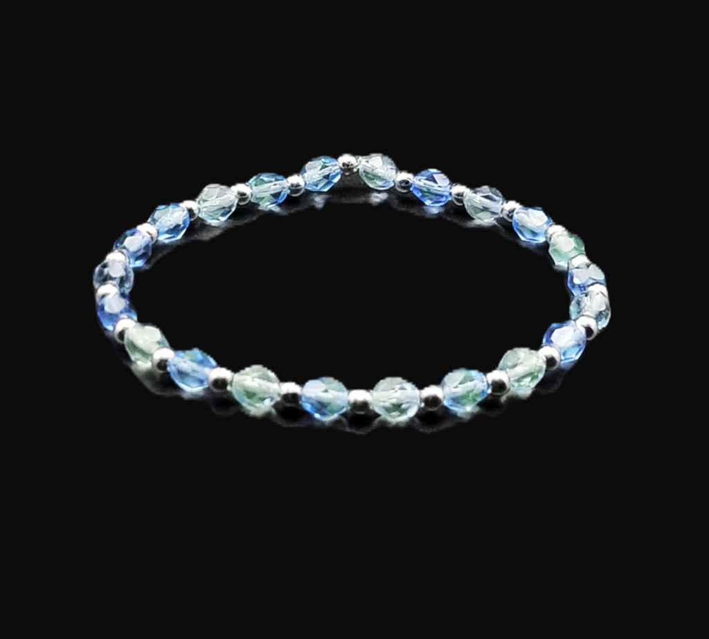 Uranium blue glass beads pair, 8" bracelet set, stretch cord, Unisex, Handmade