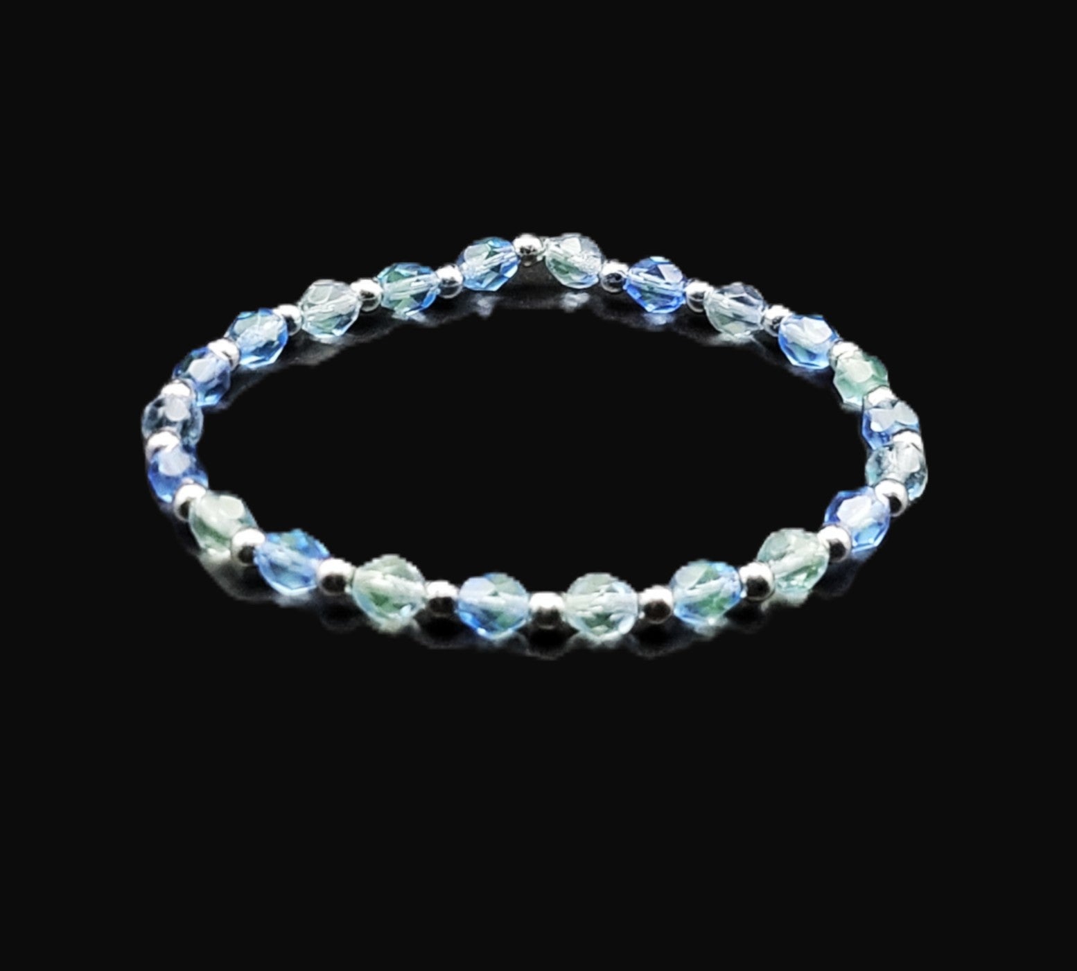Uranium blue glass beads pair, 8" bracelet set, stretch cord, Unisex, Handmade