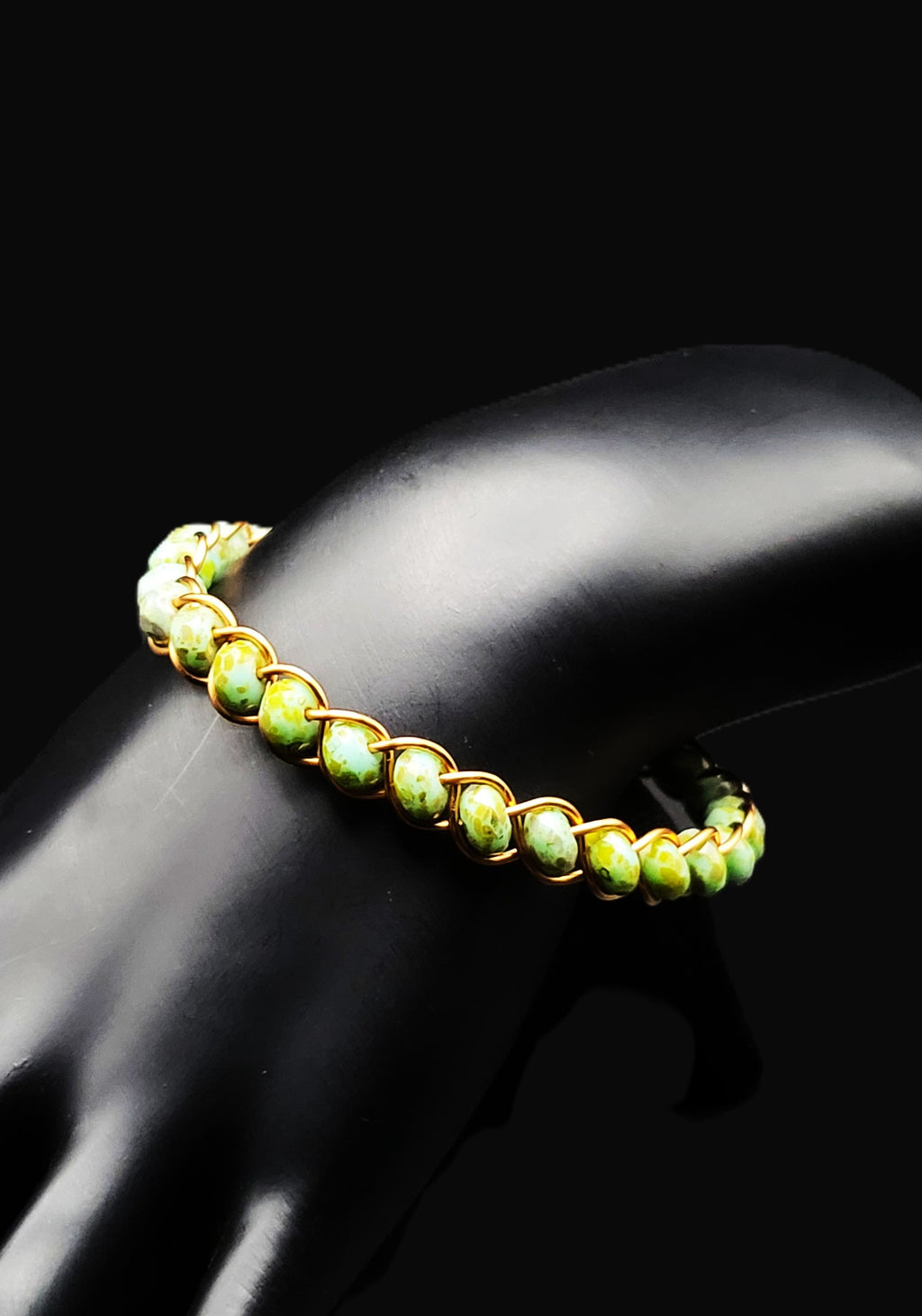 Uranium green glass beads and copper wire 6" bangle bracelet with clasp!
