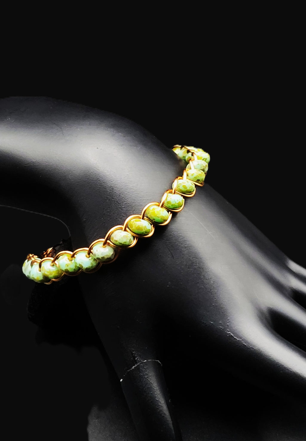 Uranium glower! Czech teal Picasso rondelle beads copper 6" bracelet