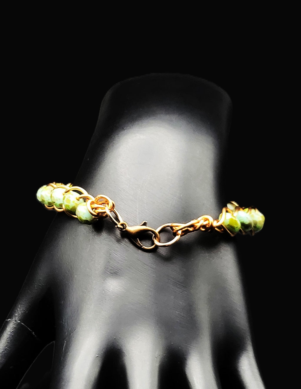Uranium green glass beads and copper wire 6" bangle bracelet with clasp!