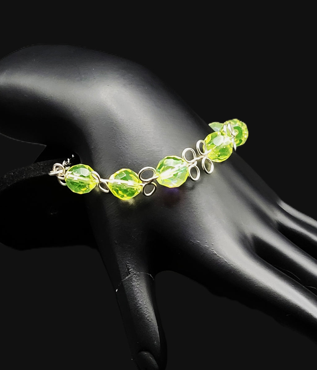 Uranium glow Czech faceted Vaseline glass bead half cuff hand wired bracelet 7"