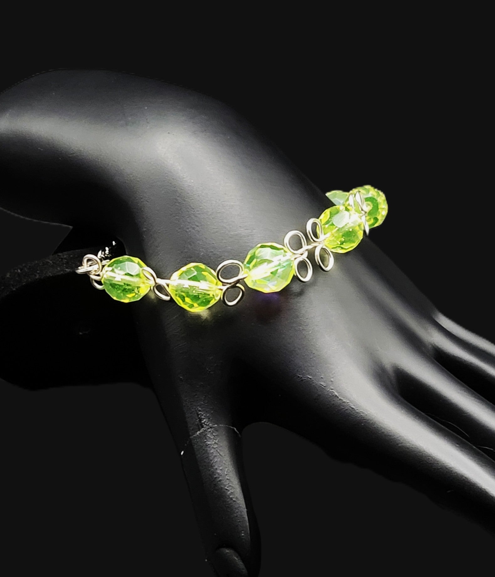 Uranium glow Czech faceted Vaseline glass bead half cuff hand wired bracelet 7"
