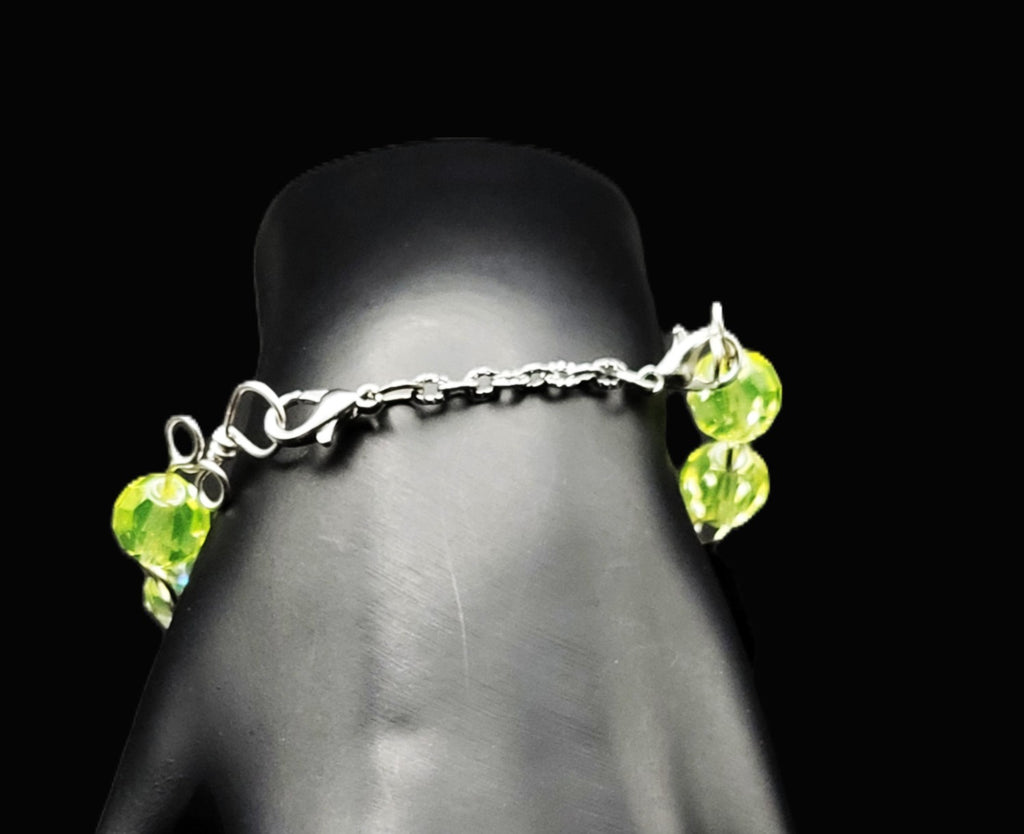 Uranium glow Czech faceted Vaseline glass bead half cuff hand wired bracelet 7"