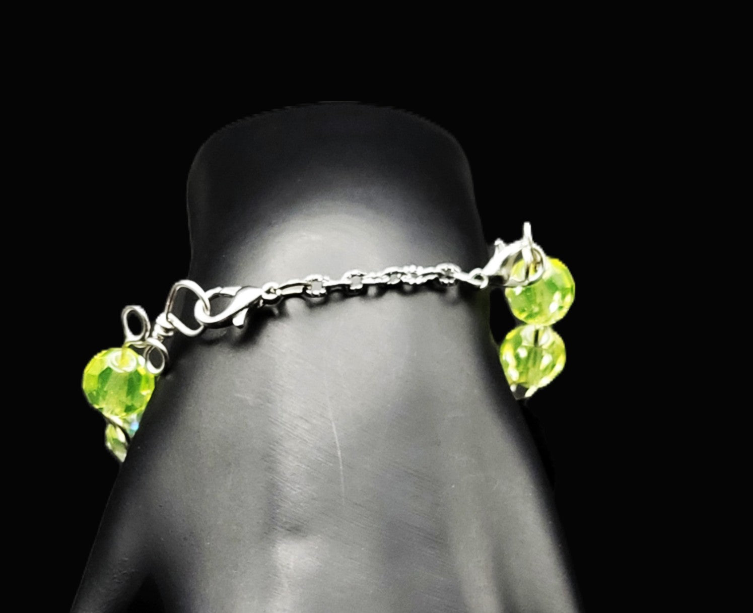 Uranium glow Czech faceted Vaseline glass bead half cuff hand wired bracelet 7"
