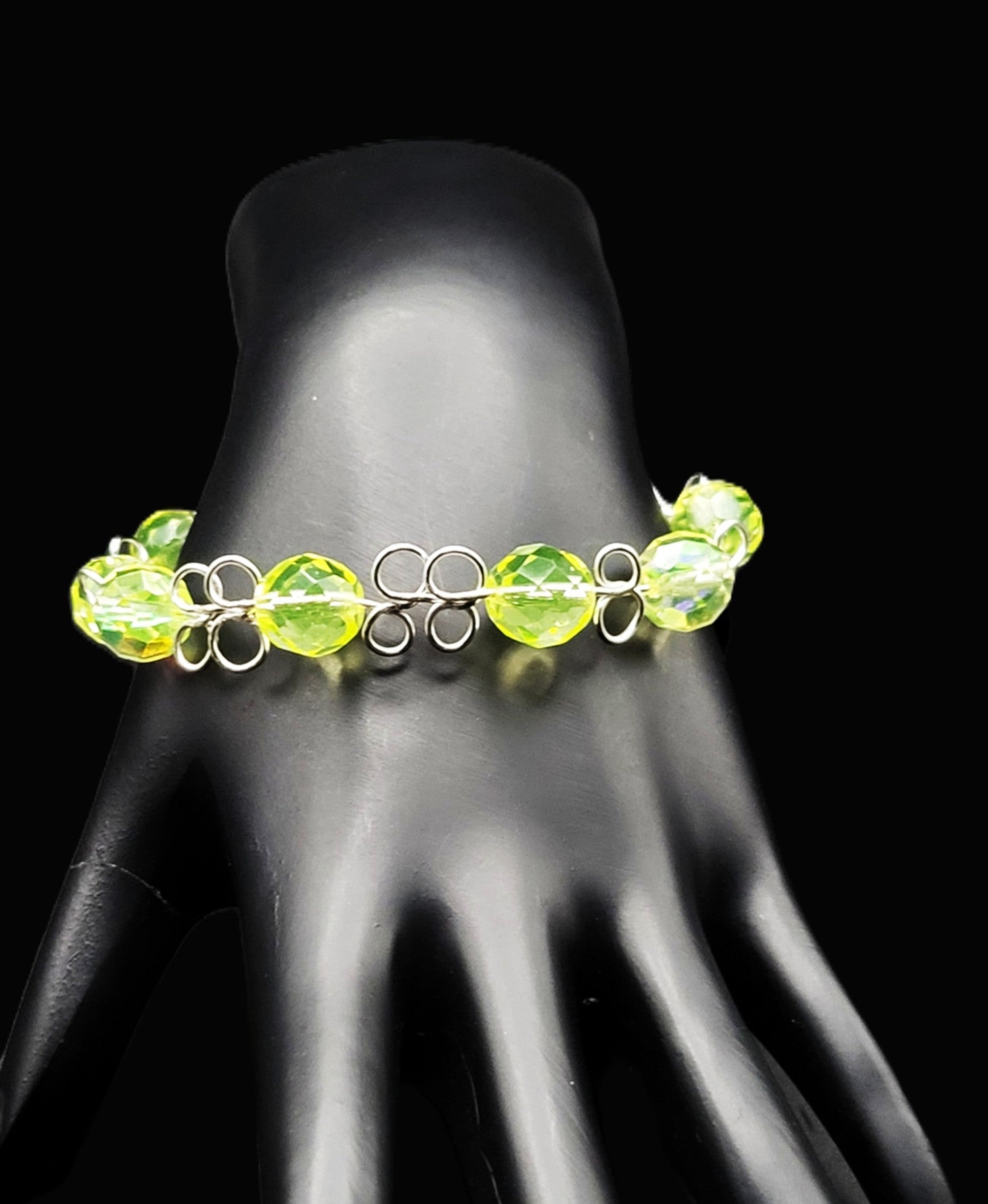 Uranium Czech green faceted glass bead on a Hand wired 6" dainty bangle bracelet with clasp