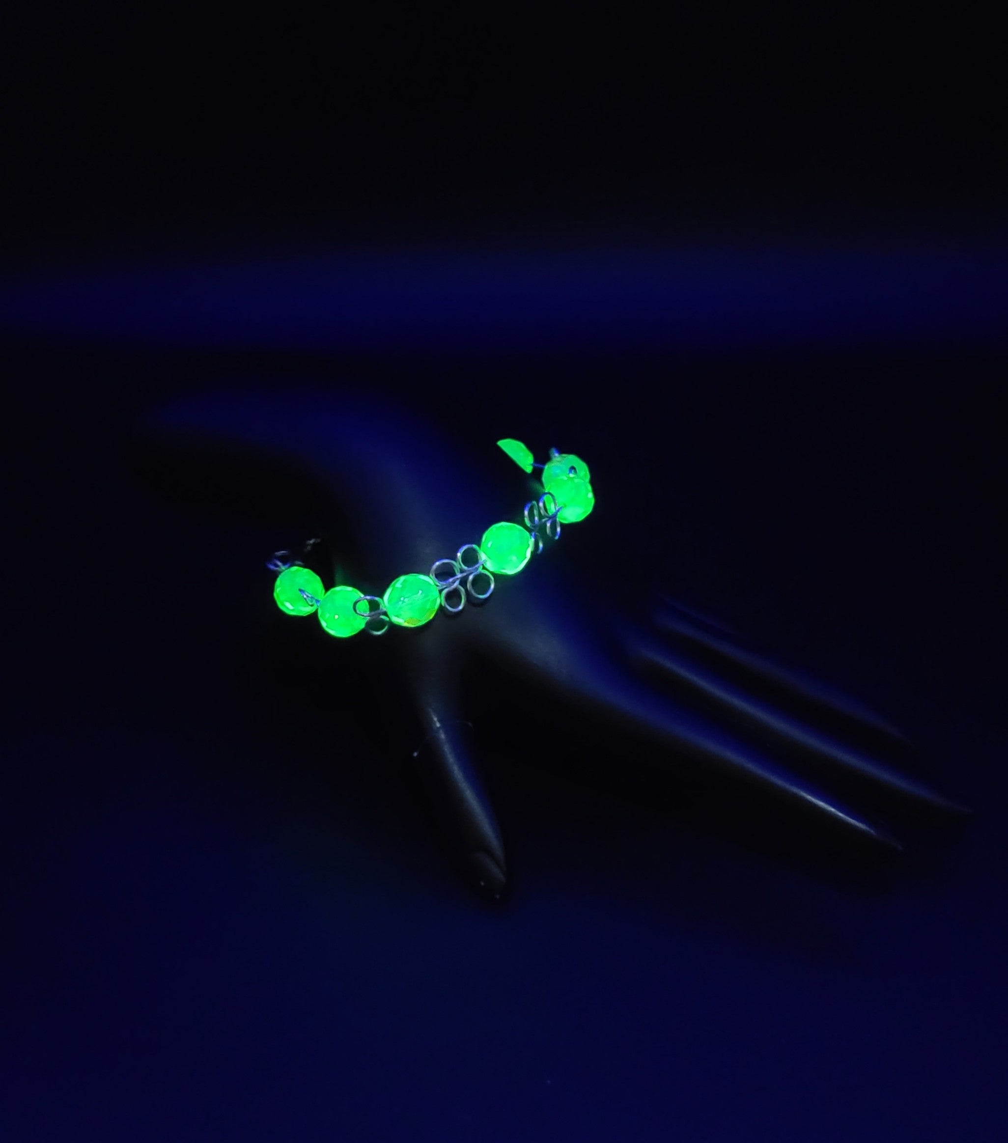 Uranium glow Czech faceted Vaseline glass bead half cuff hand wired bracelet 7"