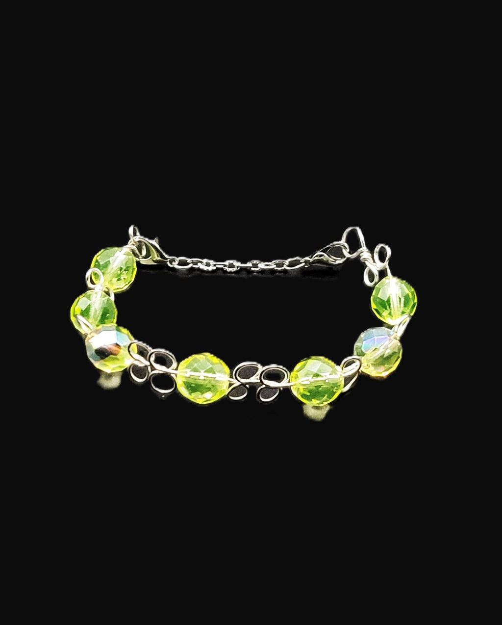 Uranium glow Czech faceted Vaseline glass bead half cuff hand wired bracelet 7"