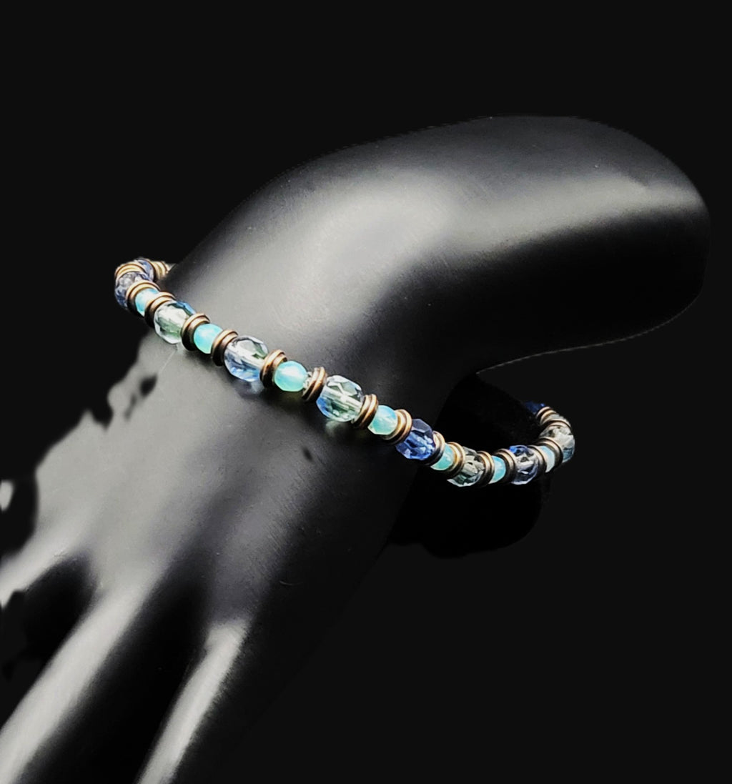 Uranium Blue with Copper Spacers Stretch Bracelet 8"