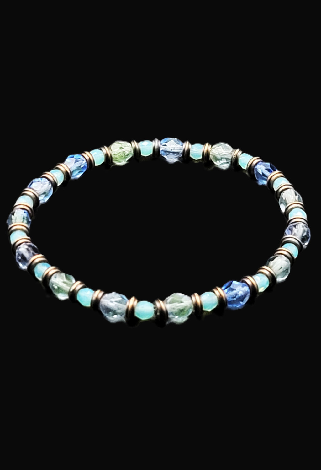 Uranium Blue with Copper Spacers Stretch Bracelet 8"
