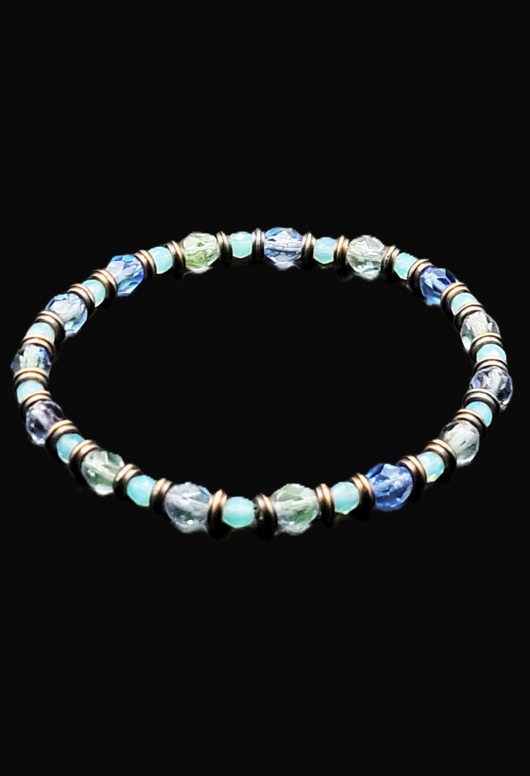 Uranium Blue with Copper Spacers Stretch Bracelet 8"