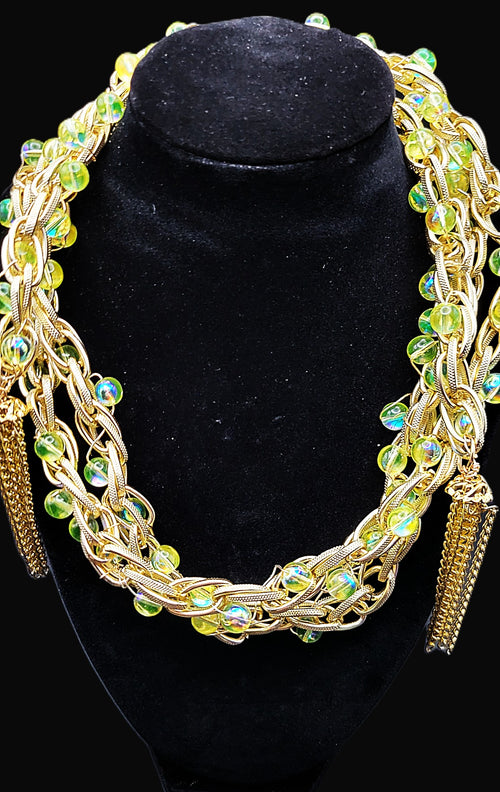Uranium glass bead hand wired 52" belt or necklace on double oval link chain with tassels