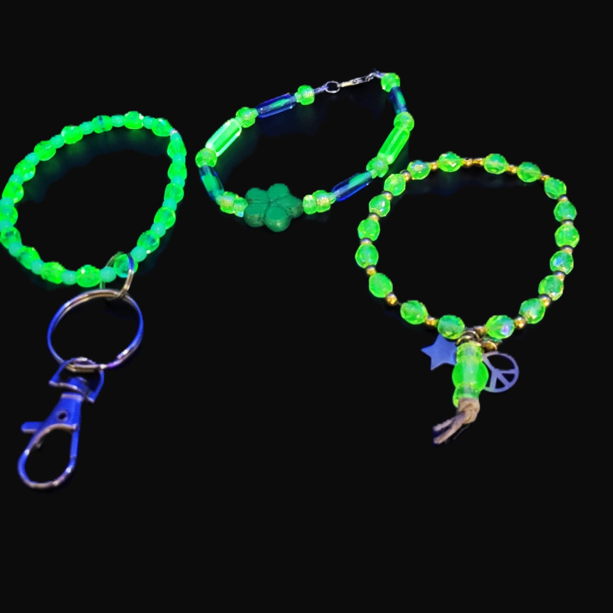 UV Glow beads 3 different stretch bracelet set toggle and charms