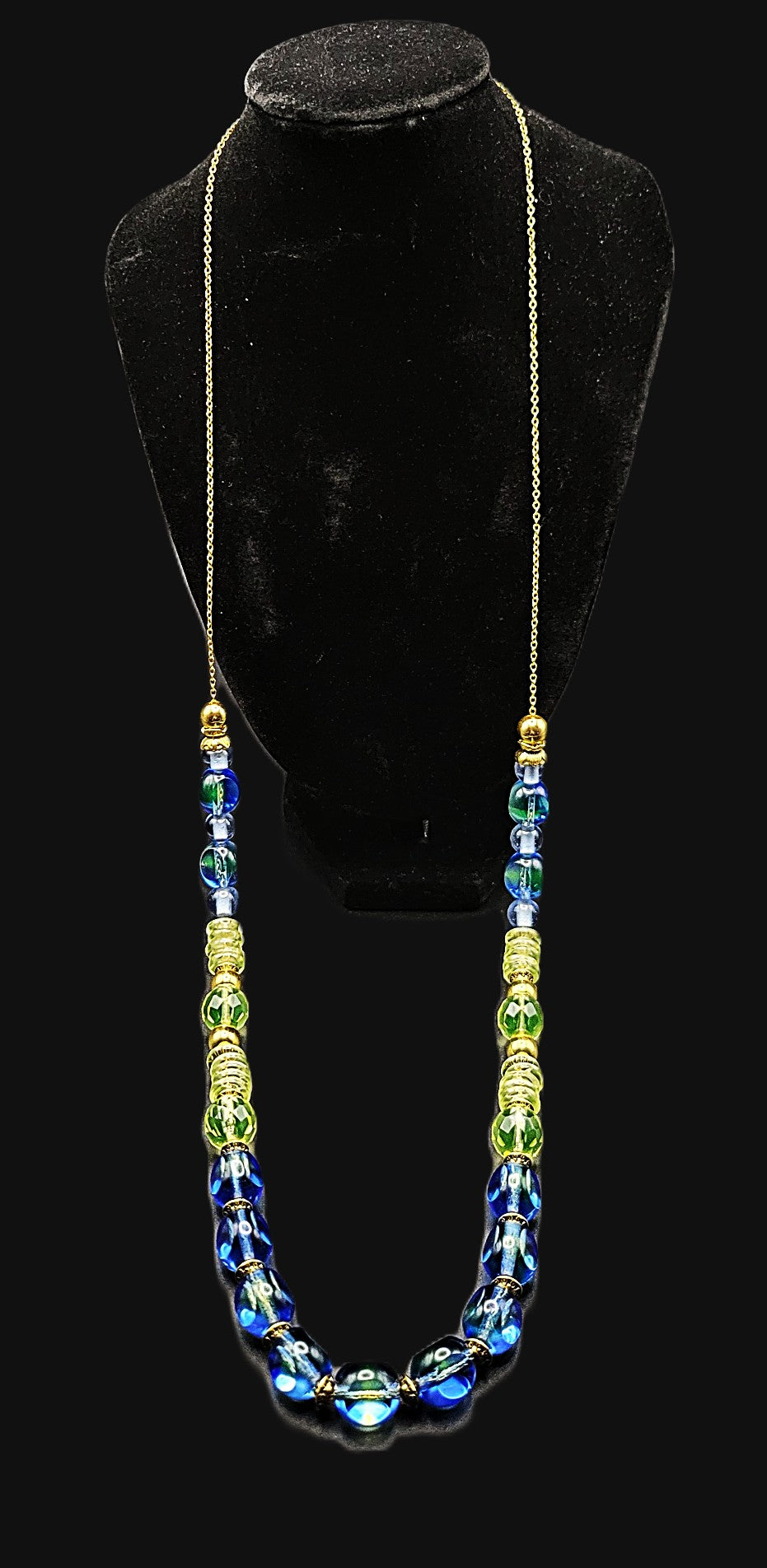 Uranium glass green and blue bead 30" necklace on gold tone chain