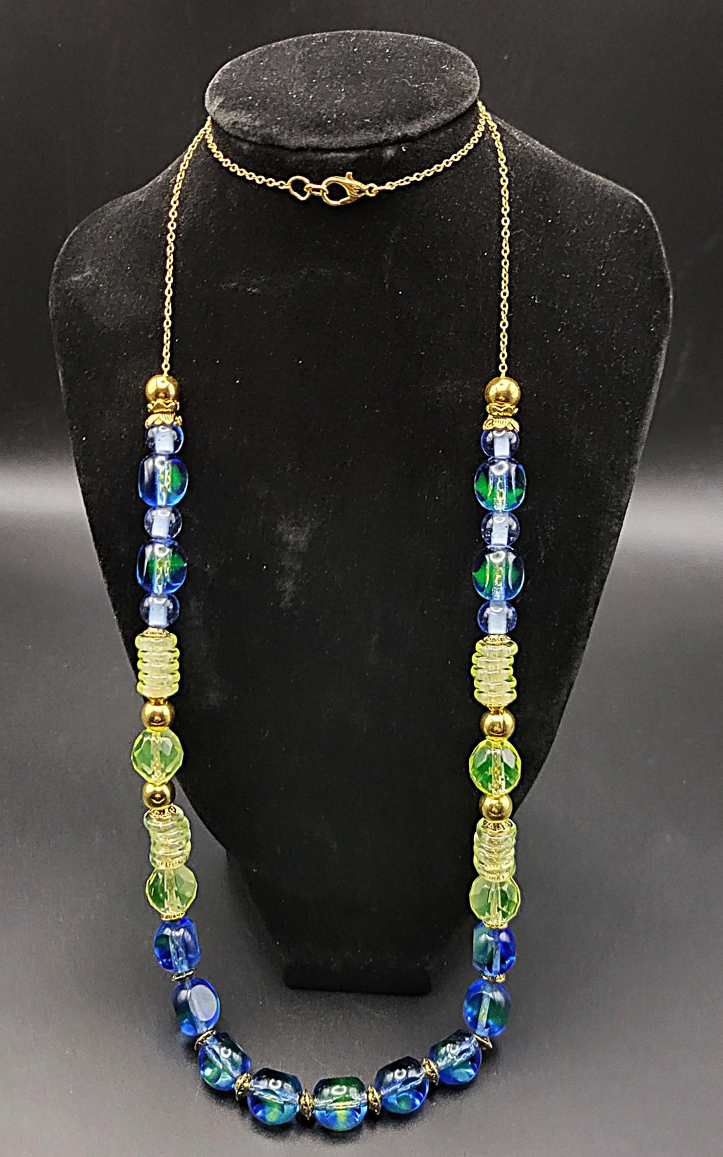 Uranium glass green and blue bead 30" necklace on gold tone chain