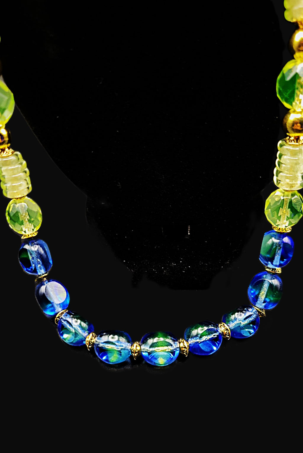 Uranium glass green and blue bead 30" necklace on gold tone chain