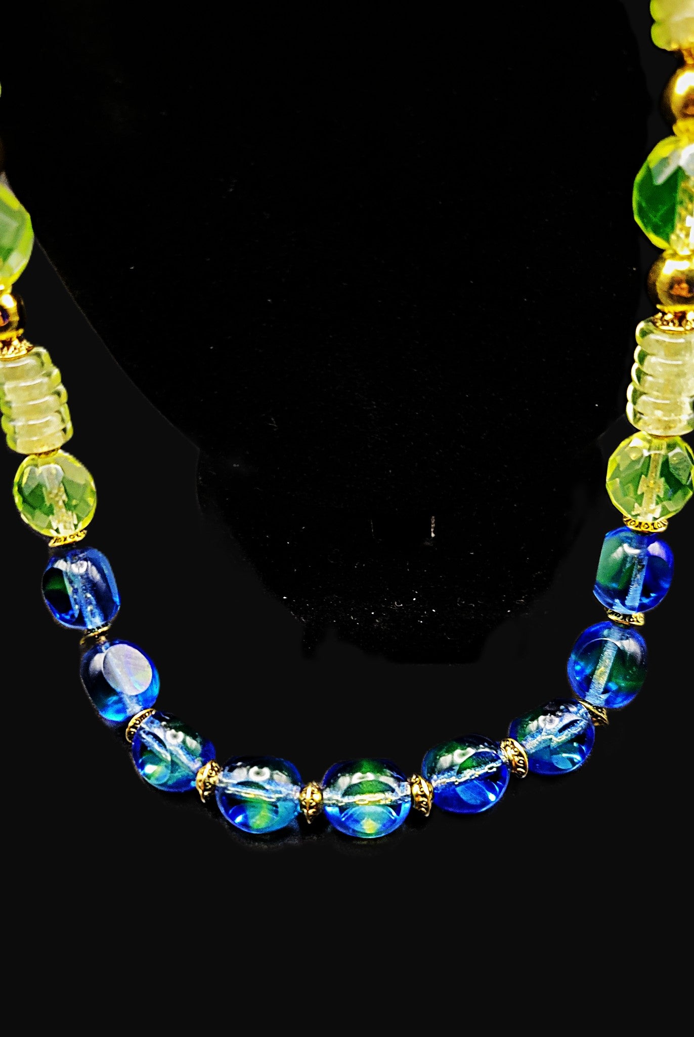 Uranium glass green and blue bead 30" necklace on gold tone chain