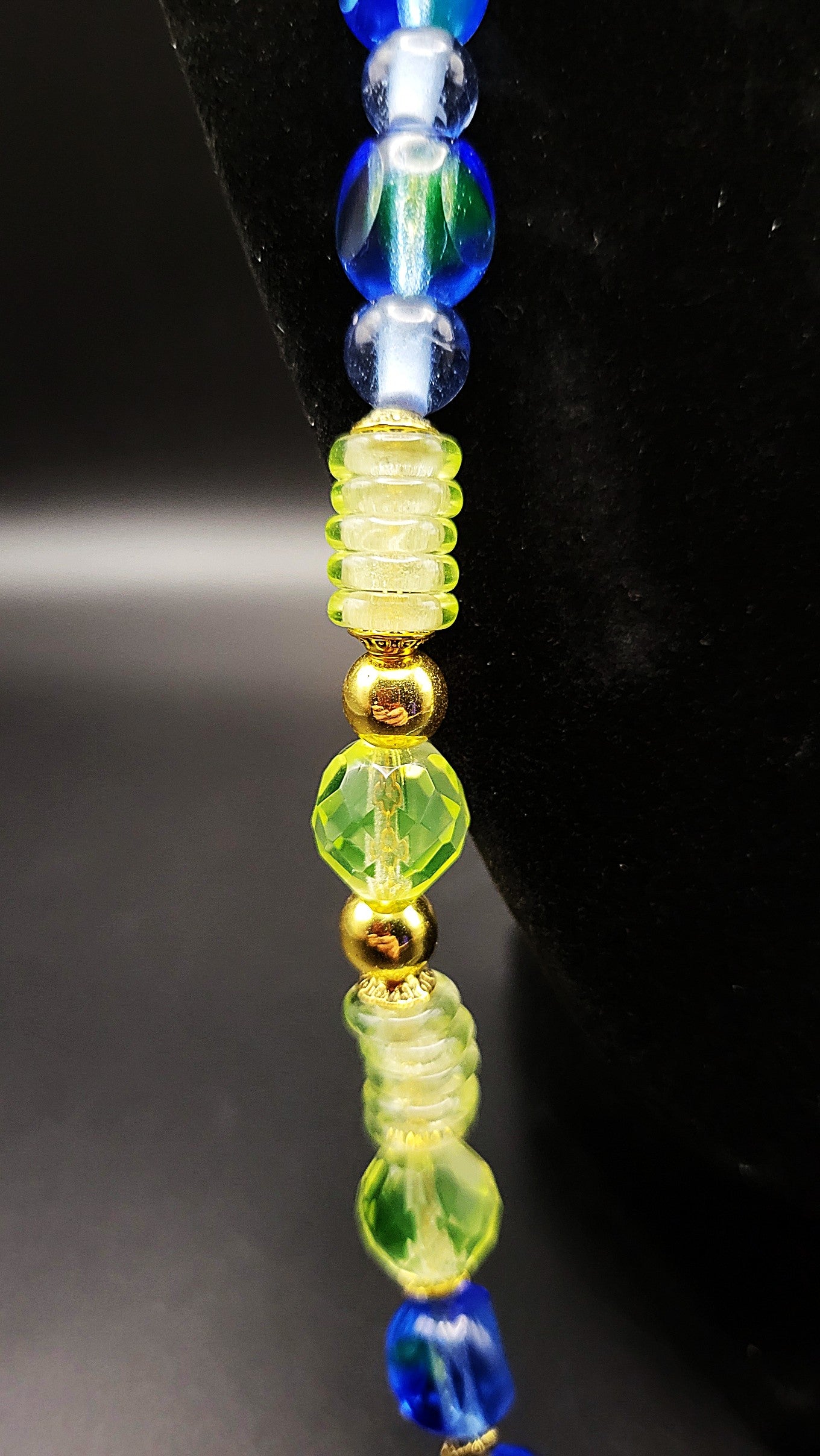 Uranium glass green and blue bead 30" necklace on gold tone chain