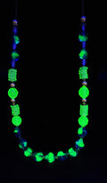 Uranium glass green and blue bead 30" necklace on gold tone chain