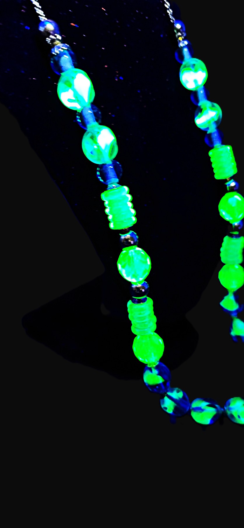 Uranium glass green and blue bead 30" necklace on gold tone chain