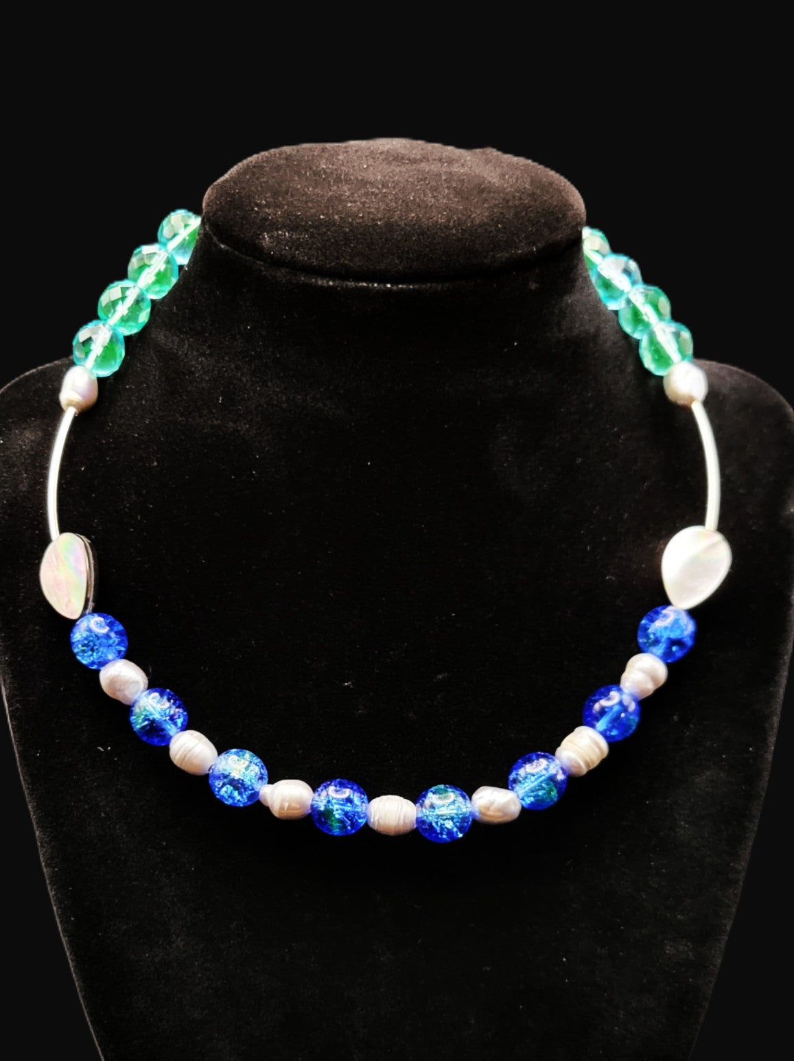 UV Glow Choker Necklace – Czech Uranium Glass Crackle & Faceted Beads, Shell Accents, 16"