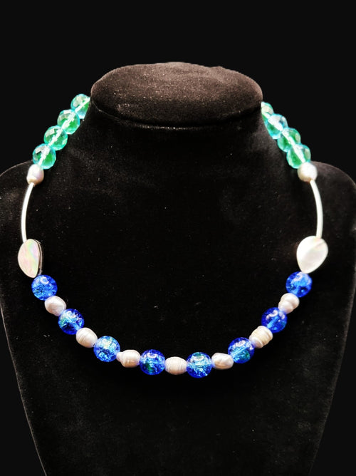 Uranium glass, UV reactive, Czech blue and aqua bead, 15" Choker