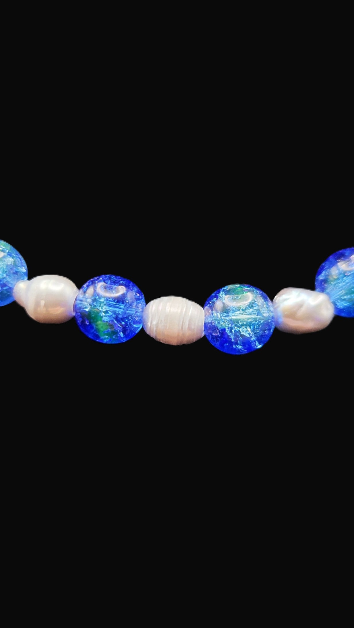 UV Glow Choker Necklace – Czech Uranium Glass Crackle & Faceted Beads, Shell Accents, 16"