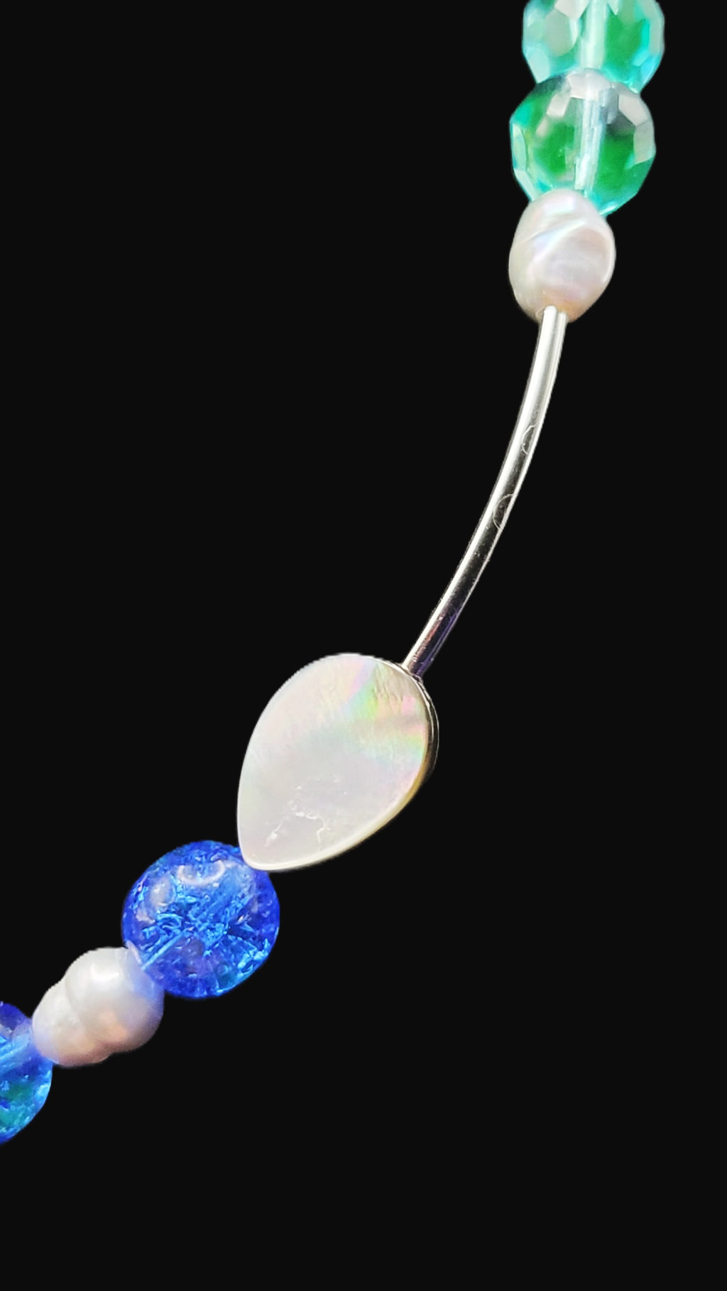 UV Glow Choker Necklace – Czech Uranium Glass Crackle & Faceted Beads, Shell Accents, 16"
