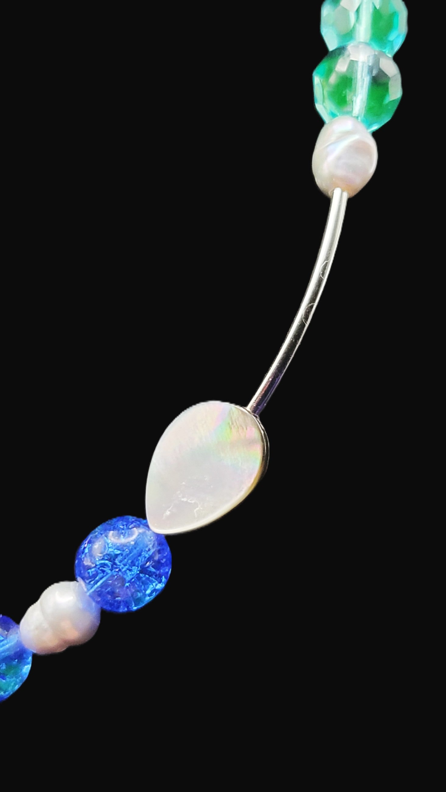 UV Glow Choker Necklace – Czech Uranium Glass Crackle & Faceted Beads, Shell Accents, 16"