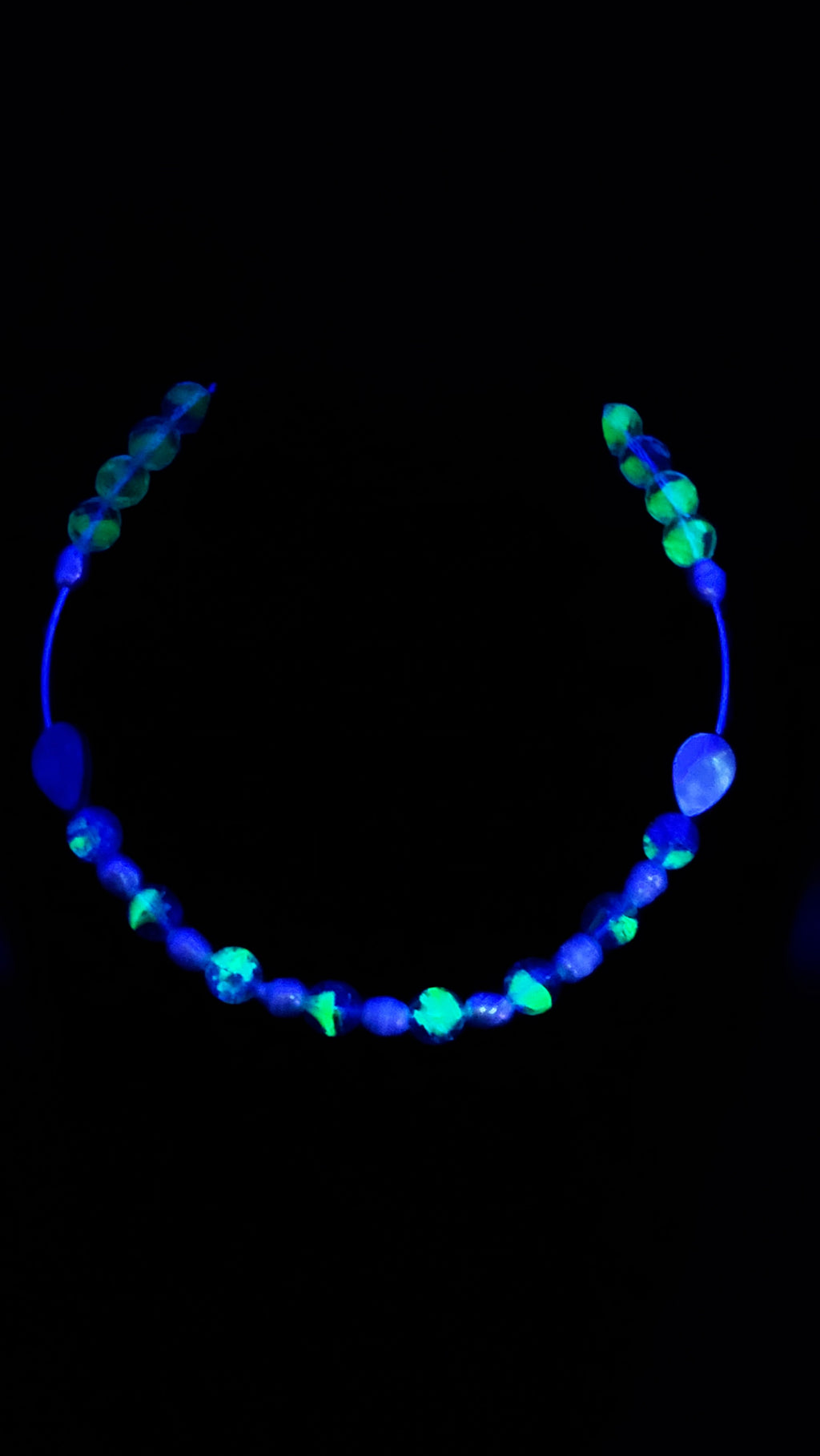 UV Glow Choker Necklace – Czech Uranium Glass Crackle & Faceted Beads, Shell Accents, 16"