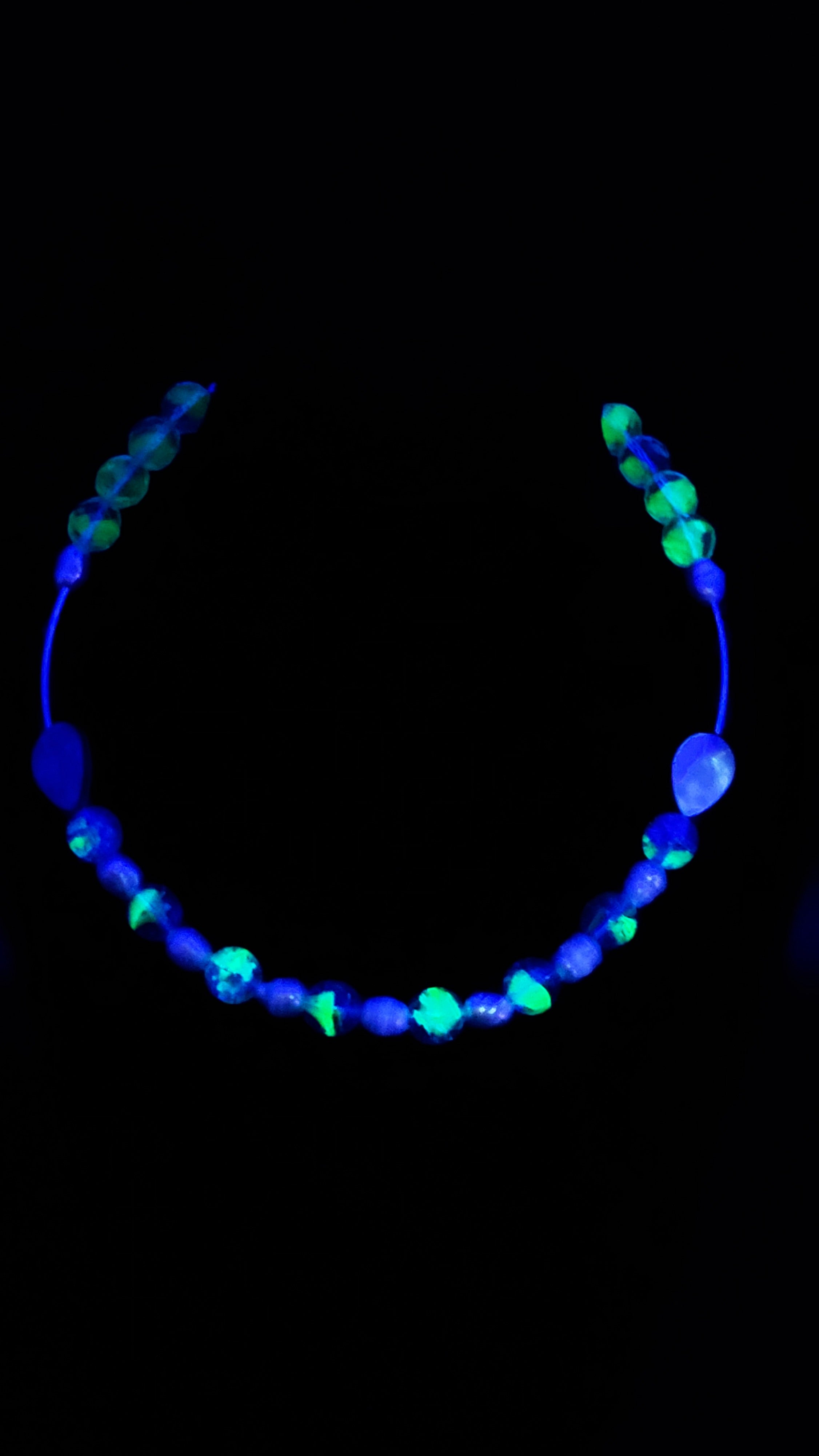 UV Glow Choker Necklace – Czech Uranium Glass Crackle & Faceted Beads, Shell Accents, 16"