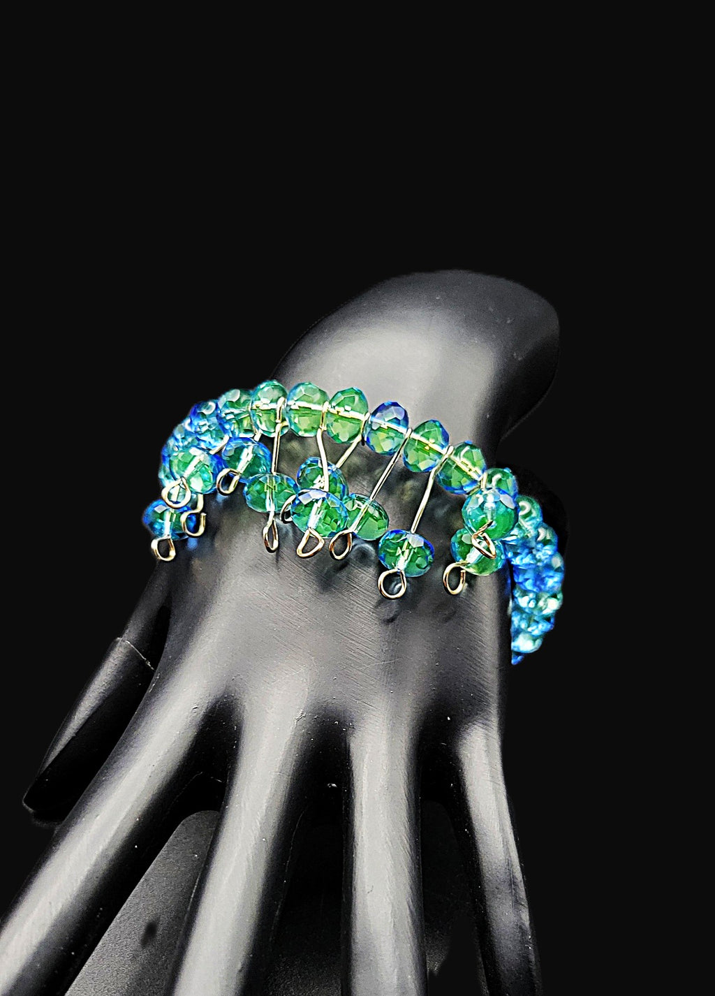 UV reactive uranium glass blue rondelle Czech beads coil bracelet with hand wired dangles bracelet 7.5"