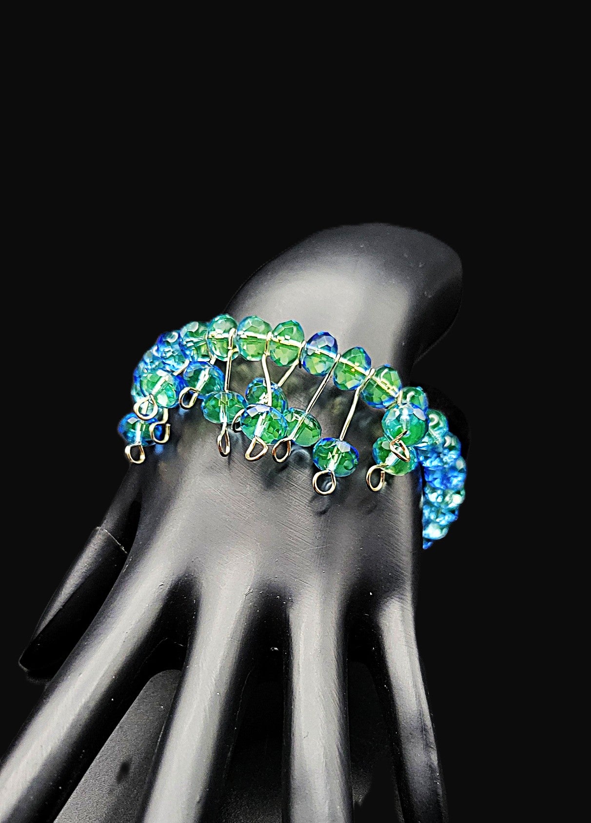 UV reactive uranium glass blue rondelle Czech beads coil bracelet with hand wired dangles bracelet 7.5"