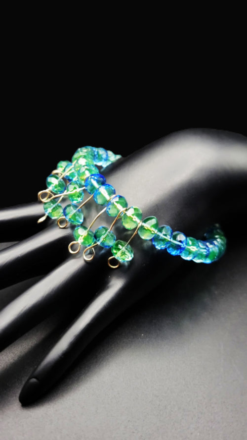 Uranium Glass Cuff Bracelet – Czech Blue-Green Faceted Bead Dangles, Gold Memory Wire, 6–7"