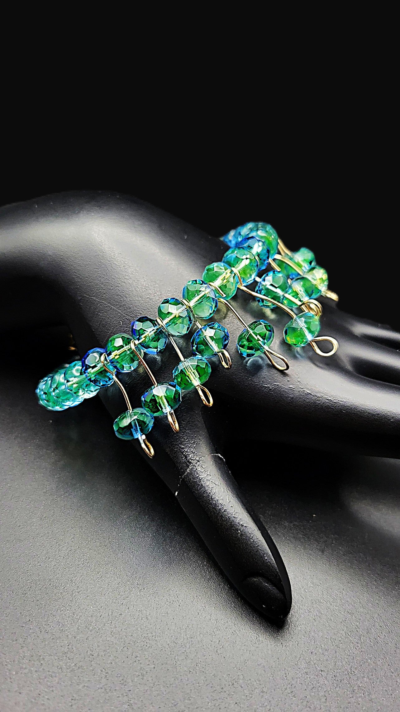 Uranium Glass Cuff Bracelet – Czech Blue-Green Faceted Bead Dangles, Gold Memory Wire, 6–7"