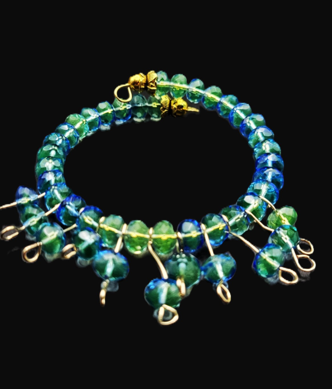 Uranium Glass Cuff Bracelet – Czech Blue-Green Faceted Bead Dangles, Gold Memory Wire, 6–7"