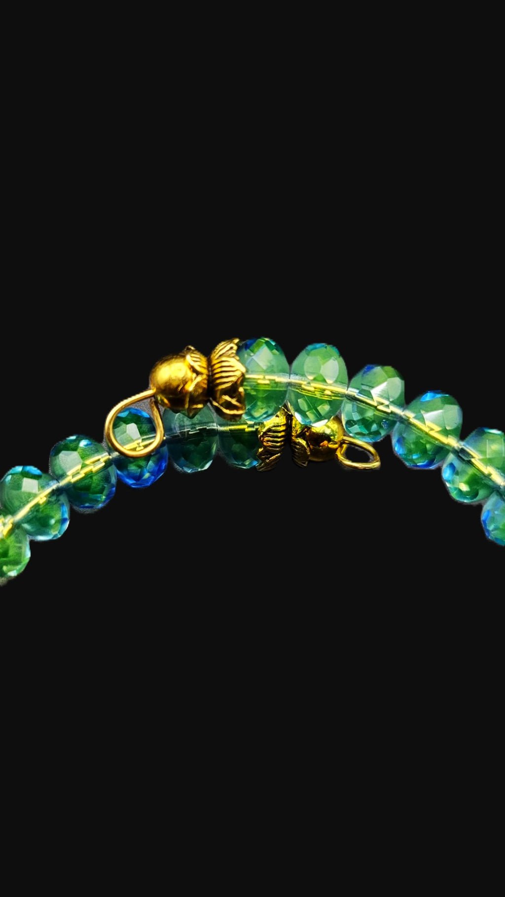 Uranium Glass Cuff Bracelet – Czech Blue-Green Faceted Bead Dangles, Gold Memory Wire, 6–7"