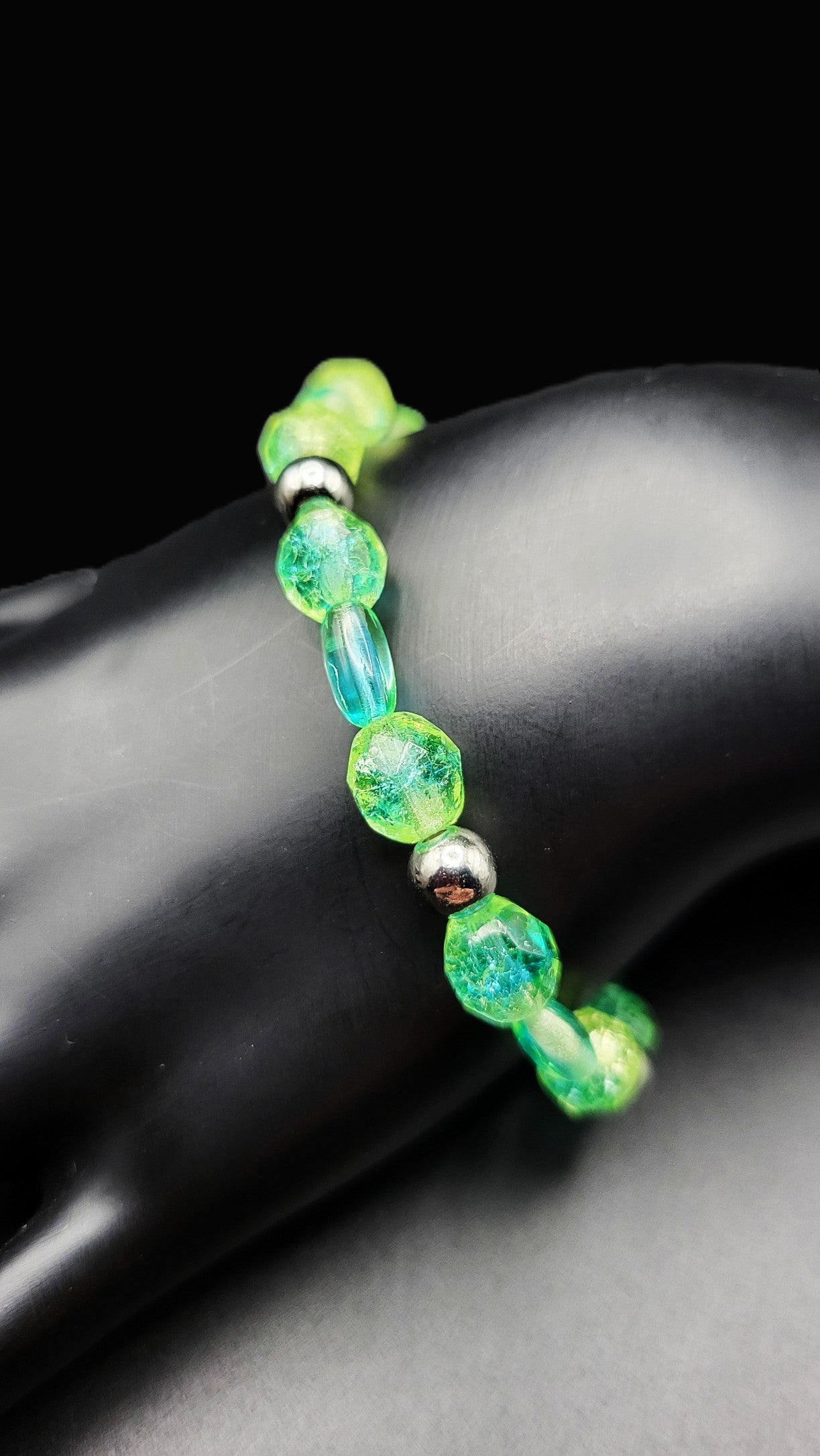 Uranium Glass Stretch Bracelet – Green & Blue Swirl Czech Beads, Silver Spacers, Handmade, 7"