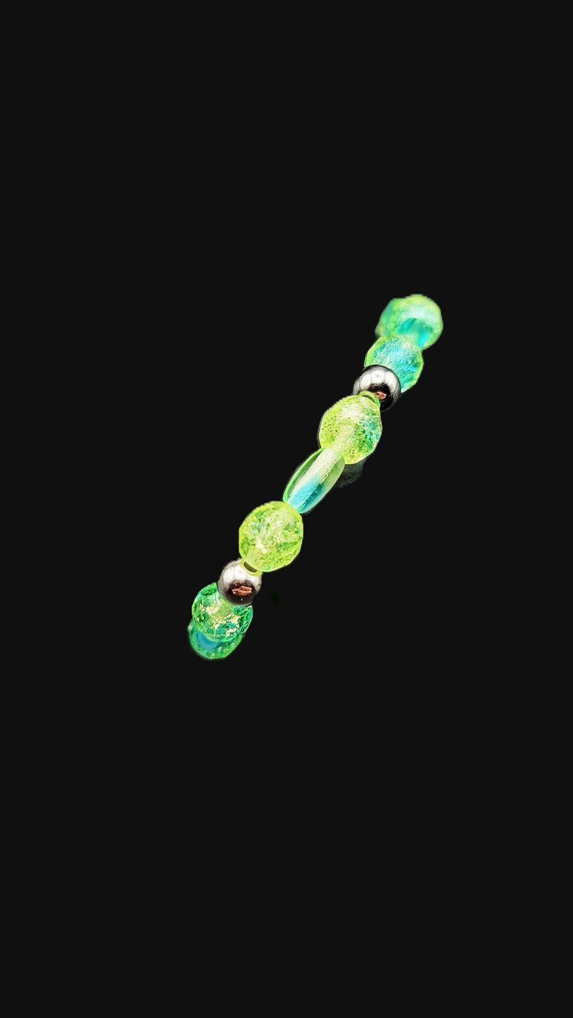 Uranium Glass Stretch Bracelet – Green & Blue Swirl Czech Beads, Silver Spacers, Handmade, 7"
