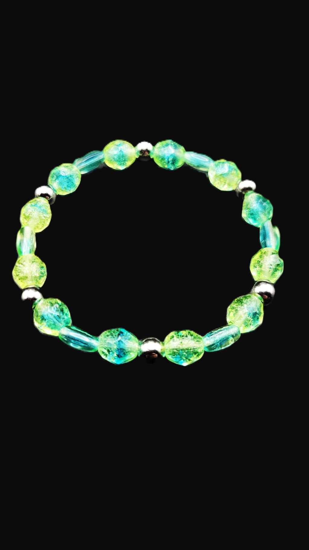 Uranium Glass Stretch Bracelet – Green & Blue Swirl Czech Beads, Silver Spacers, Handmade, 7"