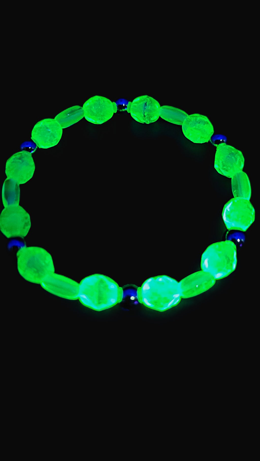 Uranium Glass Stretch Bracelet – Green & Blue Swirl Czech Beads, Silver Spacers, Handmade, 7"