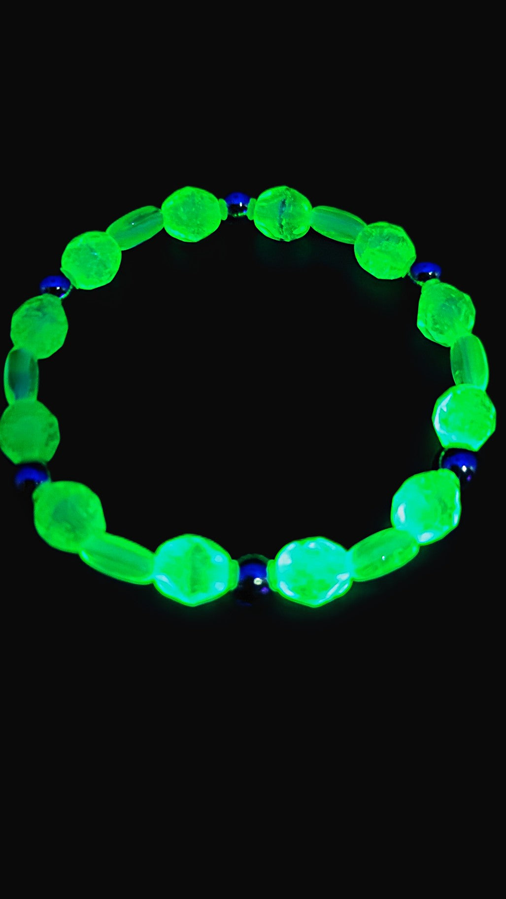 Uranium Glass Stretch Bracelet – Green & Blue Swirl Czech Beads, Silver Spacers, Handmade, 7"