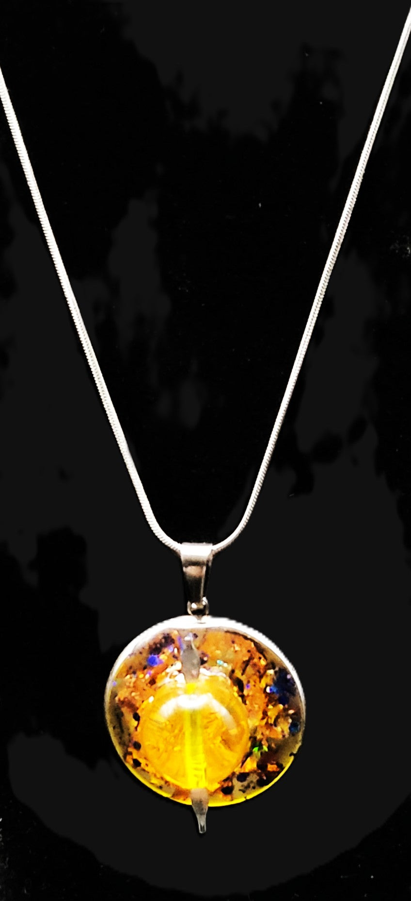 UV reactive Cadmium glass 16mm bead on silver tone 18" snake chain necklace
