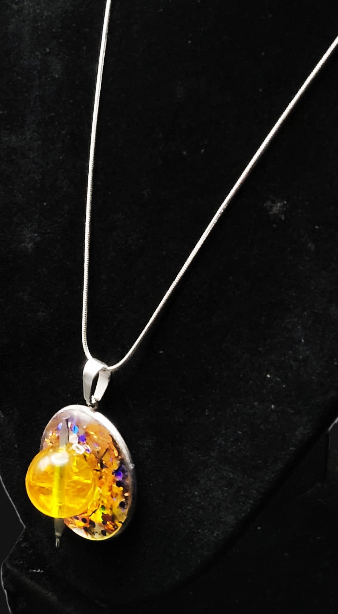 UV reactive Cadmium glass 16mm bead on silver tone 18" snake chain necklace