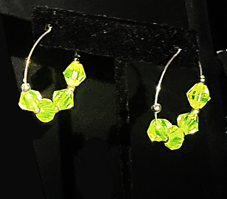 Uranium Yellow Czech Bi cone Glass Bead Silver Tone Wired Pierced Earrings 1.25"